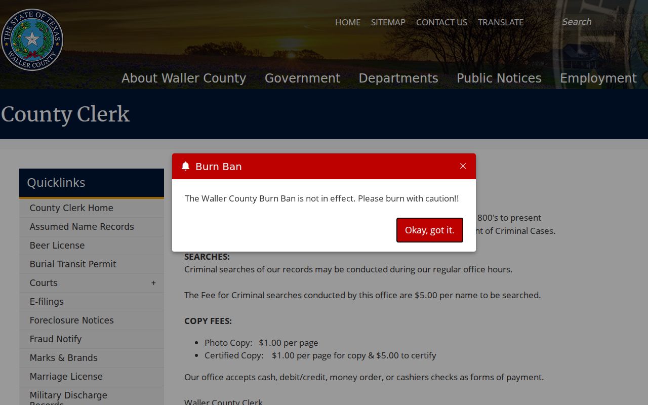 Waller County misdemeanor archive and juvenile record notice