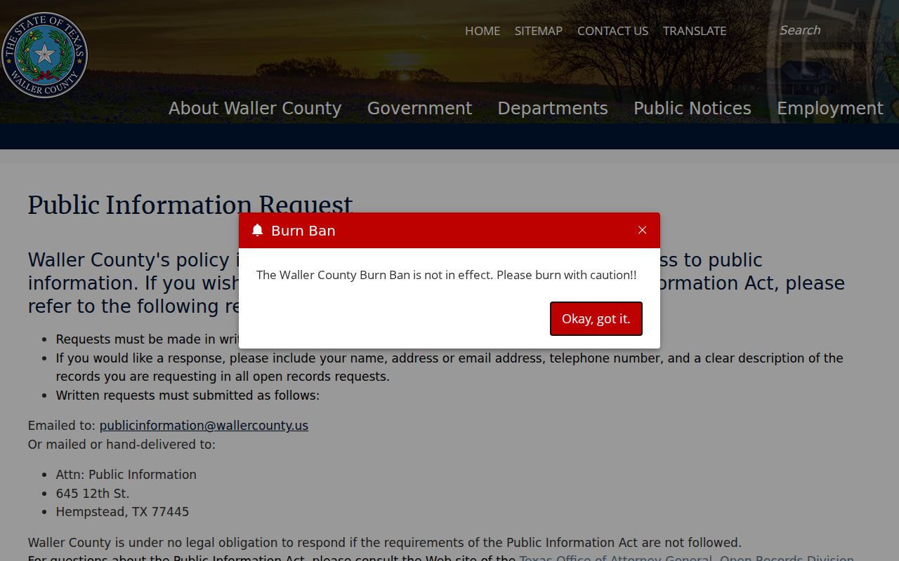Waller County court records written request channels