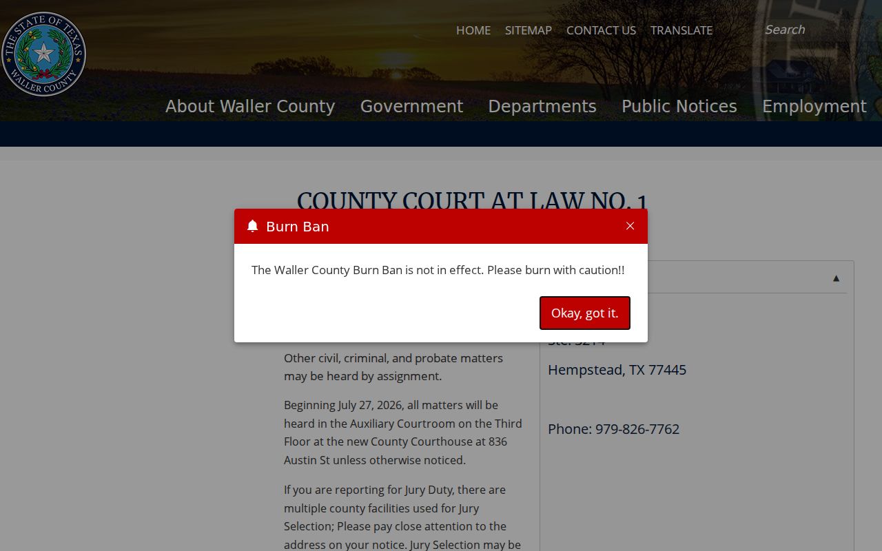 Waller County Court at Law No. 1 calendar and courtroom notice