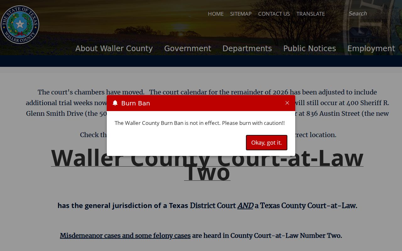 Waller County Court at Law No. 2 assignment and calendar information