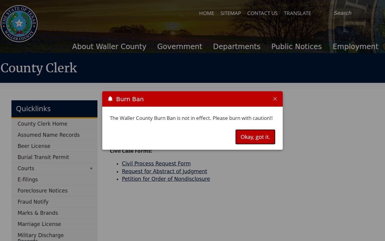 Waller County Clerk civil court fees and filing instructions