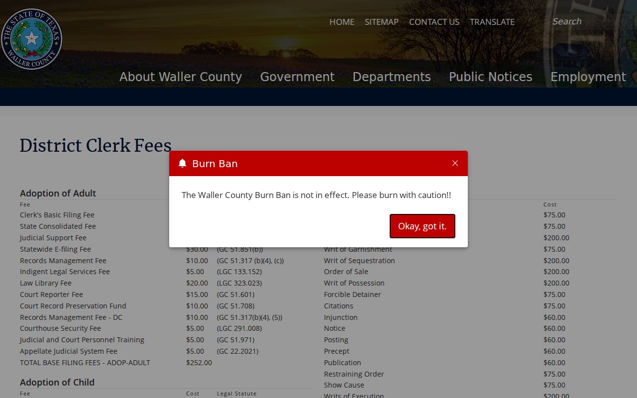 Waller County District Clerk civil family search and copy fee schedule